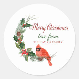 Adesivo Redondo Feliz Natal, Red Cardinale Bird Holly Berry