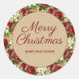 Adesivo Redondo Feliz Natal Red Floral Rustic Nome