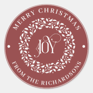 Adesivo Redondo Feliz Natal Red Round White Holly Wreath JOY 
