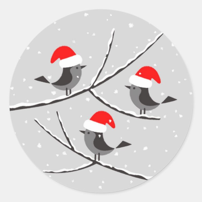 Adesivo Redondo Feliz Natal Red Santa Hat Birds (Frente)