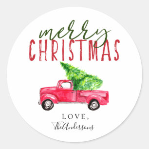 Adesivo Redondo Feliz Natal Red Truck Pine Watercolor