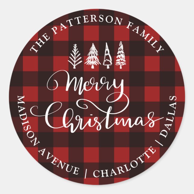 Adesivo Redondo Feliz Natal Red Xadrez Patterno Endereço de Devolu (Frente)