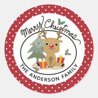 Adesivo Redondo Feliz Natal - Reindeer Bonito Nome Personalizado