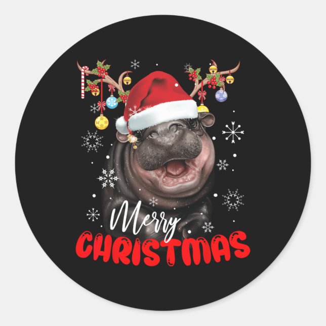 Adesivo Redondo Feliz Natal Reindeer Leve Moo Deng Santa Hat (Frente)