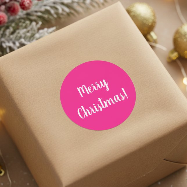 Adesivo Redondo Feliz Natal, Rosa Quente e Branco (Criador carregado)