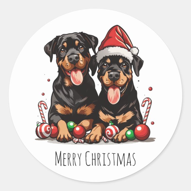 Adesivo Redondo Feliz Natal Rottweiler Papais noeis (Frente)