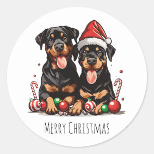 Adesivo Redondo Feliz Natal Rottweiler Papais noeis
