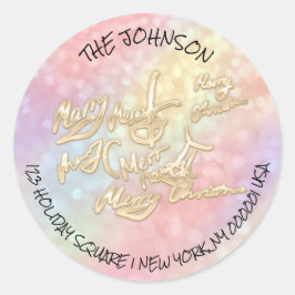 Adesivo Redondo Feliz Natal RSVP Dourado Nome do Endereço Holográf