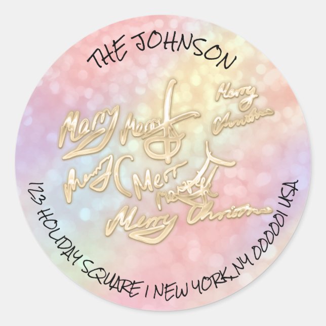 Adesivo Redondo Feliz Natal RSVP Dourado Nome do Endereço Holográf (Frente)