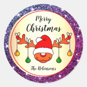 Adesivo Redondo Feliz Natal Rudolph Reindeer Glitter Roxo