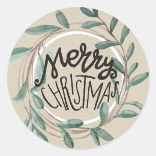 Adesivo Redondo Feliz Natal Rustic Kraft Botânica Leaf Wreath