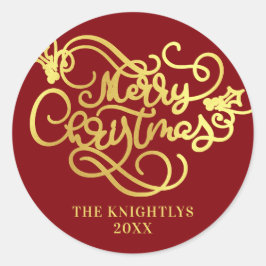 Adesivo Redondo Feliz Natal Script Falso Dourado Sua Cor