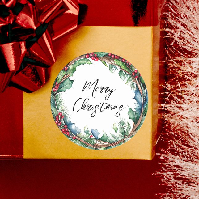 Adesivo Redondo Feliz Natal Script Holiday Wreath (Criador carregado)