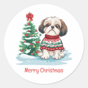 Adesivo Redondo Feliz Natal Shih Tzu Santa Cachorro