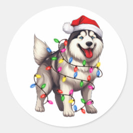 Adesivo Redondo Feliz Natal Siberiano Husky com Santa Hat