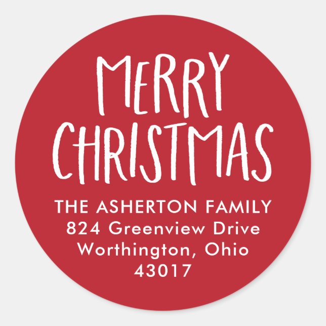 Adesivo Redondo Feliz Natal, simples endereço de retorno vermelho (Frente)