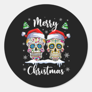 Adesivo Redondo Feliz Natal - Skull Santa Hat Family Xmas