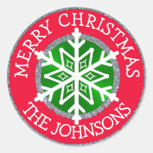 Adesivo Redondo Feliz Natal, Snowflake Sticker Personalizado