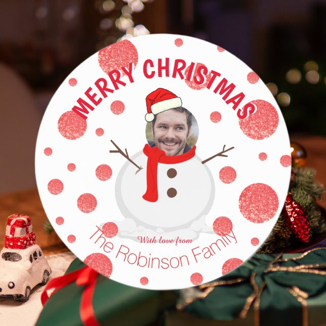 Adesivo Redondo Feliz Natal Snowman Engraçado Foto (Merry Christmas Snowman Funny Photo Face Classic Round Sticker)