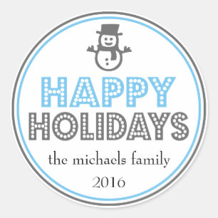 Adesivo Redondo Feliz Natal Snowman Favor Sticker (Azul / Cinza)
