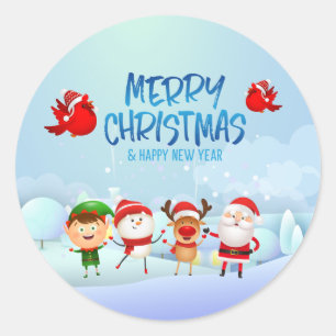 Adesivo Redondo Feliz Natal Snowman Papai Noel Rudolph Elf
