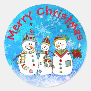 Adesivo Redondo Feliz Natal Snowmen e Snowflakes