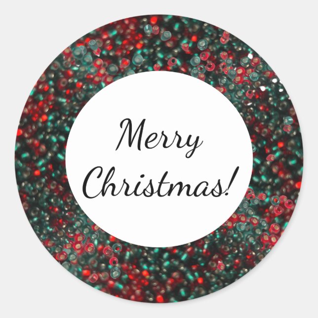 Adesivo Redondo Feliz Natal Sobre Miçangas Vermelhas E Verdes (Frente)