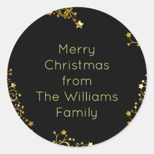 Adesivo Redondo Feliz Natal Stars Black Dourado Chiny Name