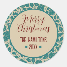 Adesivo Redondo Feliz Natal Teal Floral Nome da Família Personaliz