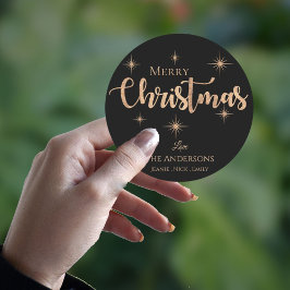Adesivo Redondo Feliz Natal Tipografia Preta Dourada Falsa Nome