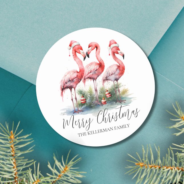 Adesivo Redondo Feliz Natal Tropical (Tropical Merry Christmas Classic Round Sticker)