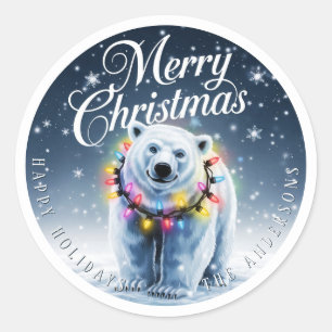 Adesivo Redondo Feliz Natal - Urso Polar e Neve Personalizados
