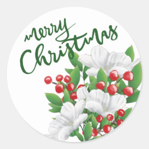 Adesivo Redondo Feliz Natal Verde Branco Vermelho Floral