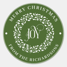 Adesivo Redondo Feliz Natal Verde Ronda Branca Holly Wreath Joy