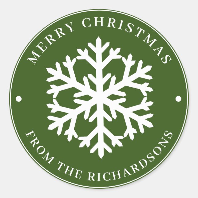 Adesivo Redondo Feliz Natal Verde Ronda Branco Floco de Neve (Frente)
