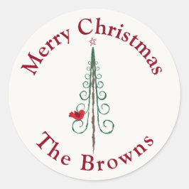 Adesivo Redondo Feliz Natal - Verde Vermelho Árvore de Natal moder