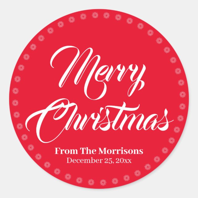 Adesivo Redondo Feliz Natal vermelho branco nome de script persona (Frente)