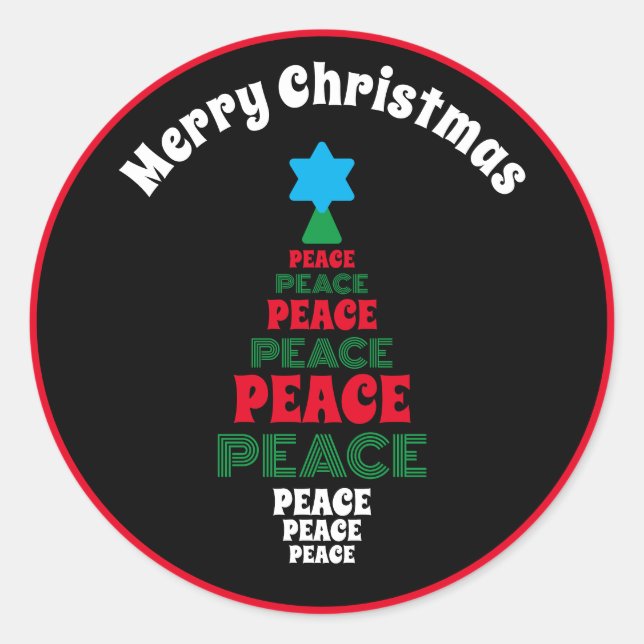 Adesivo Redondo Feliz Natal Vermelho e Árvore Verde da Paz (Frente)