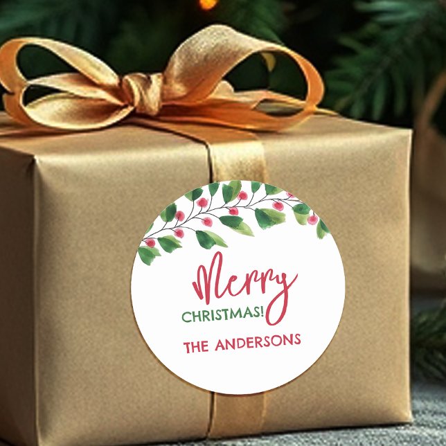 Adesivo Redondo Feliz Natal, Vermelho E Vermelhos, Terra De Aquare (Criador carregado)