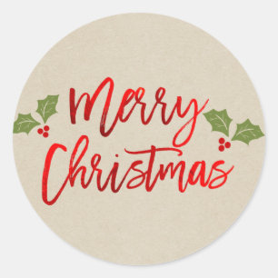 Adesivo Redondo Feliz Natal Vermelho Faux Folha Moderno Script Kra