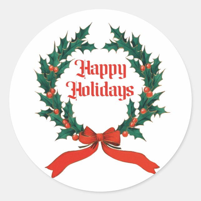 Adesivo Redondo Feliz Natal Vintage Holly Wreath (Frente)