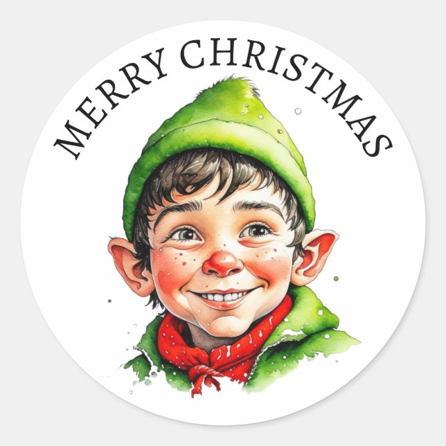 Adesivo Redondo Feliz Natal | Vintage Little Boy Elf (Frente)