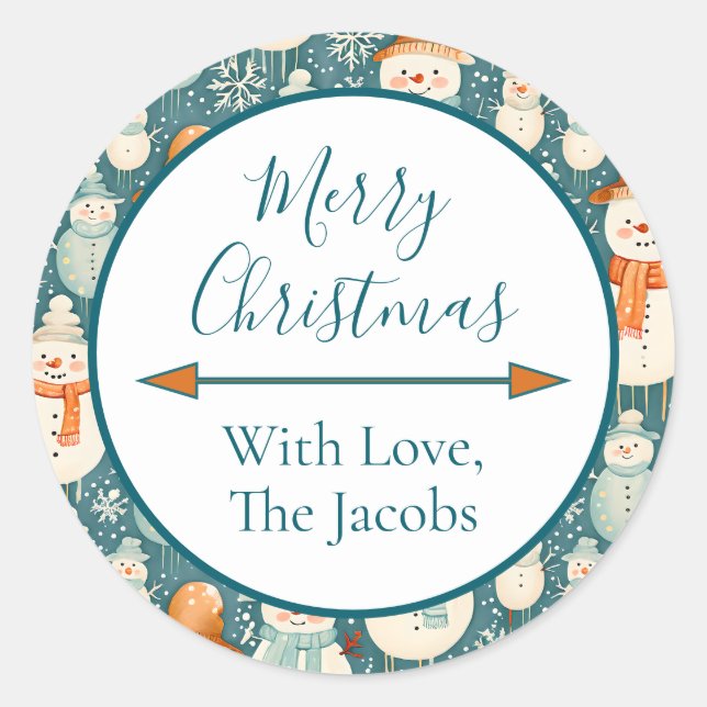 Adesivo Redondo Feliz Natal | Watercolor Snowmen Natal (Frente)