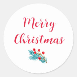 Adesivo Redondo Feliz Natal Watercolor Spruce e Red Berries