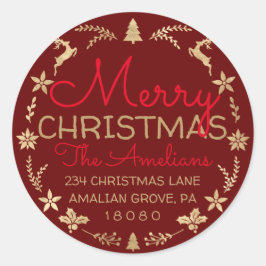 Adesivo Redondo Feliz Natal Wreath Dourado Russo RSVP Burgundy