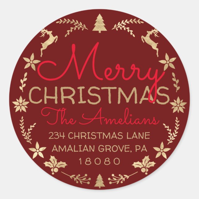 Adesivo Redondo Feliz Natal Wreath Dourado Russo RSVP Burgundy (Frente)
