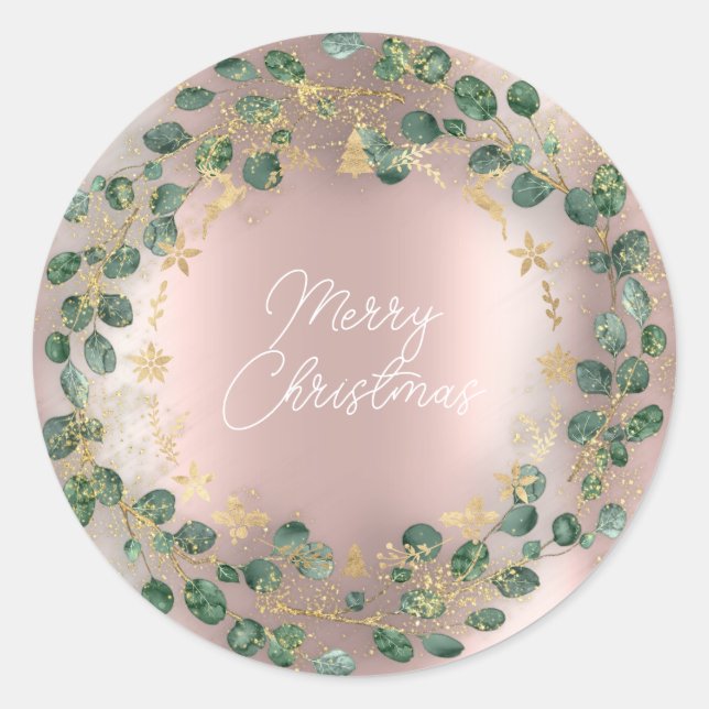 Adesivo Redondo Feliz Natal Wreath Green Woodland Rosa (Frente)