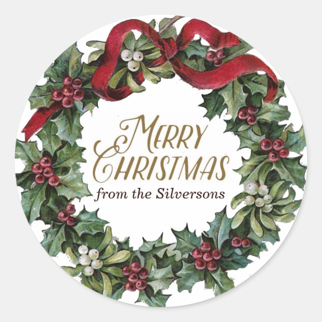Adesivo Redondo Feliz Natal Wreath Holly Mistletoé Personalizado (Frente)