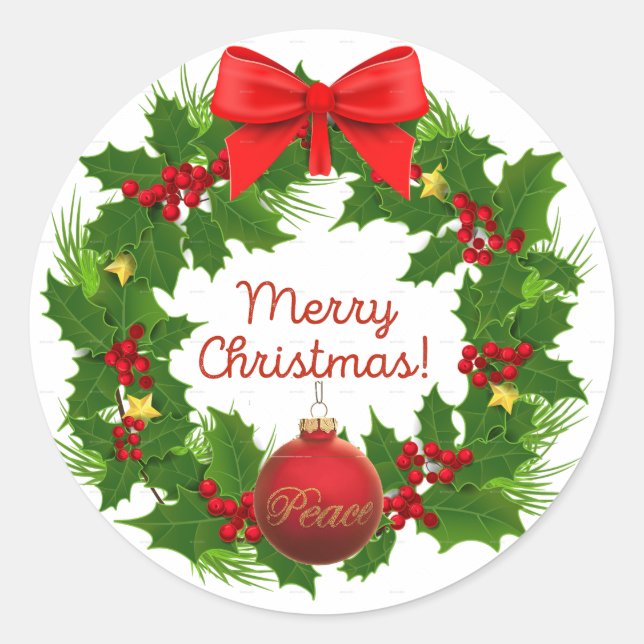 Adesivo Redondo Feliz Natal Wreath Peace Sticker (Frente)