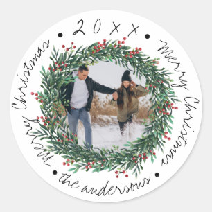 Adesivo Redondo  Feliz Natal Wreath Red Berries